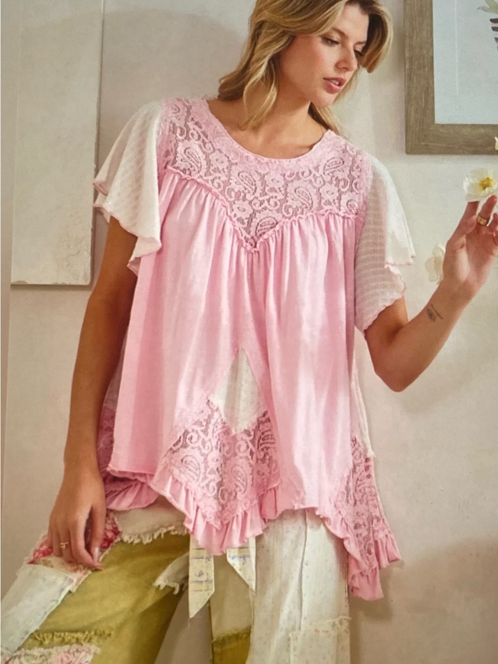 Oli & Hali Pink Lace Mix Flutter Sleeve Top